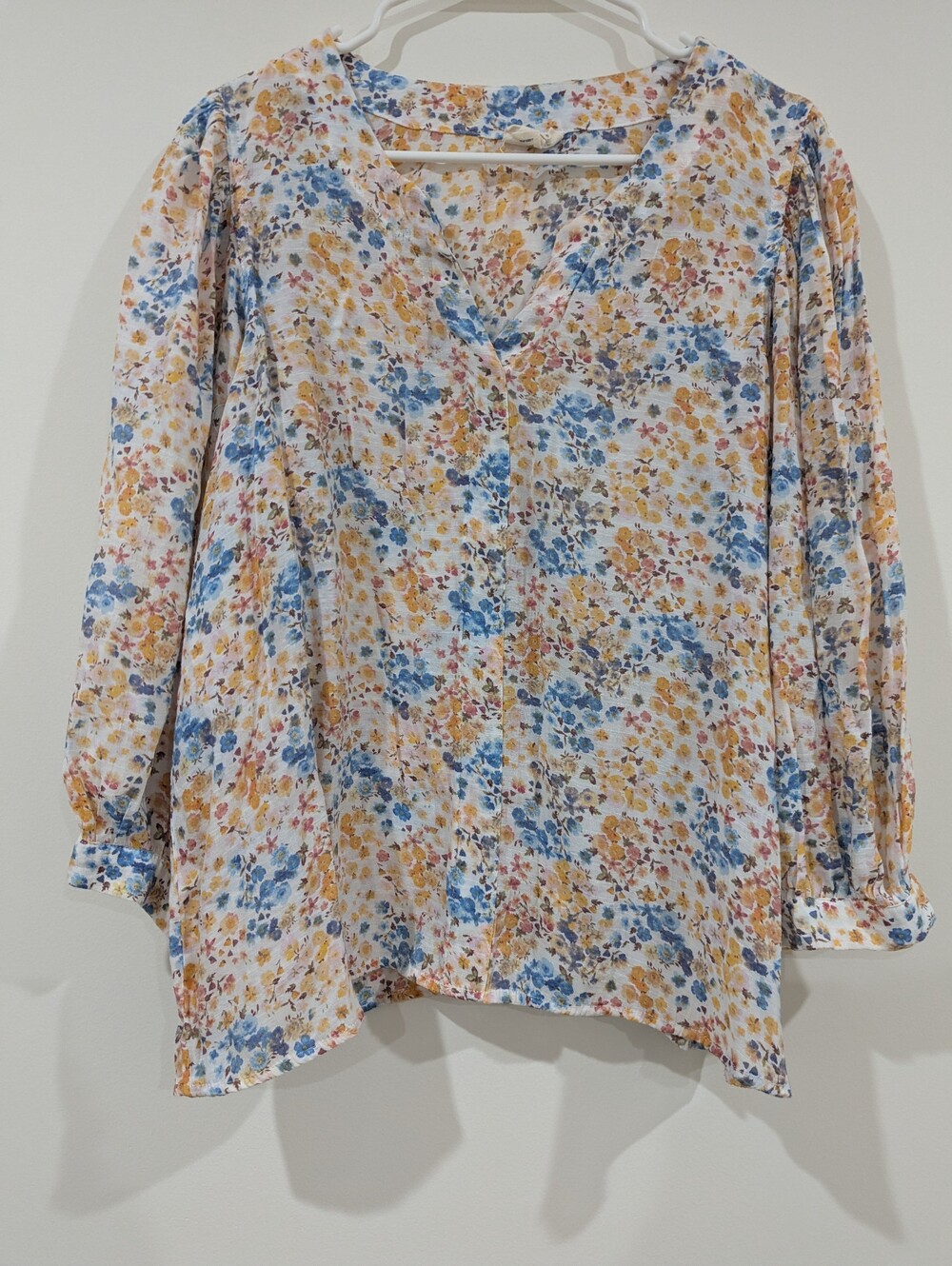 a.n.a Floral V-Neck Long Sleeve Blouse - Blue, Orange & Cream